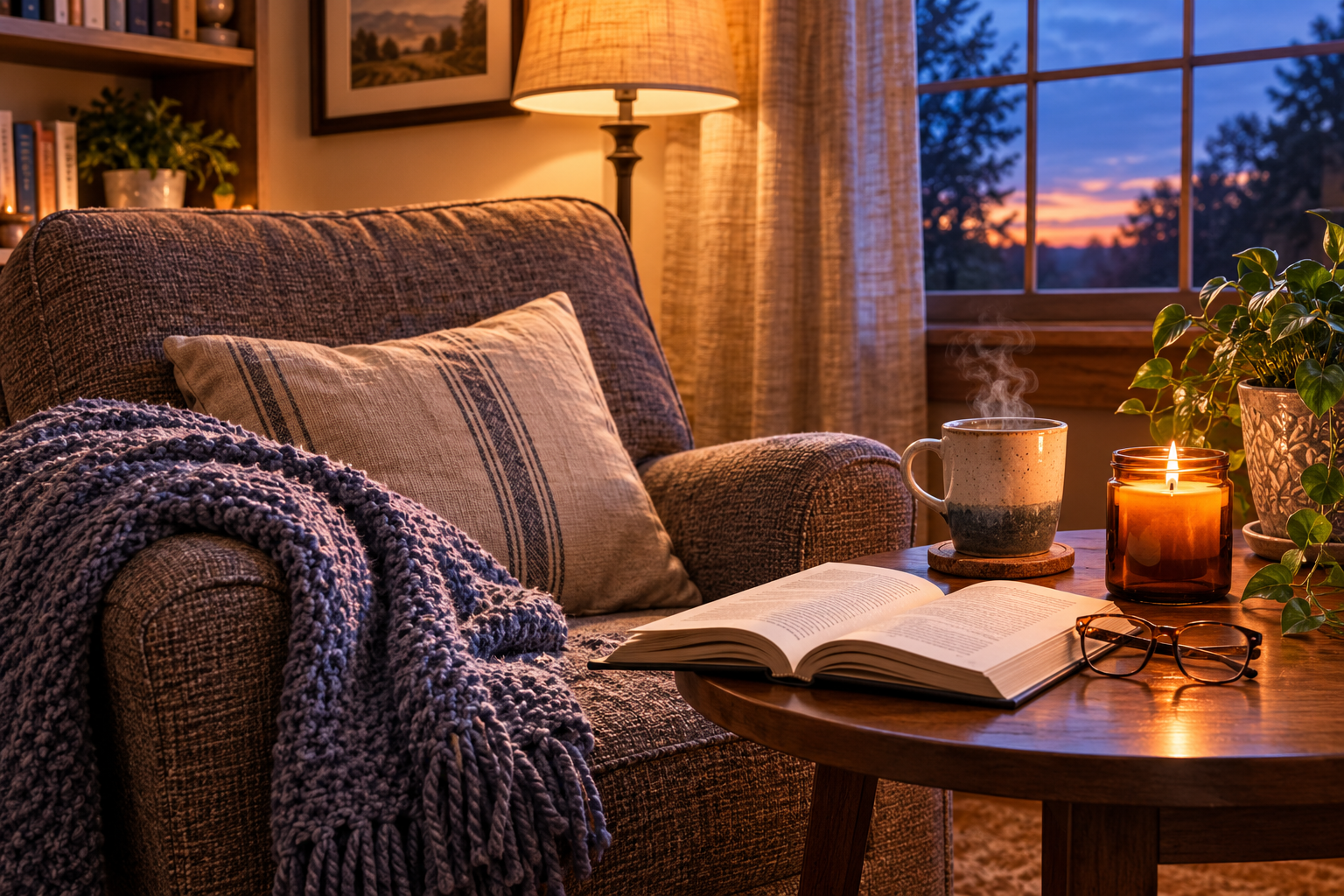 Cozy living room with a lit candle, open book, steaming mug of tea, and comfortable chair at sunset.
