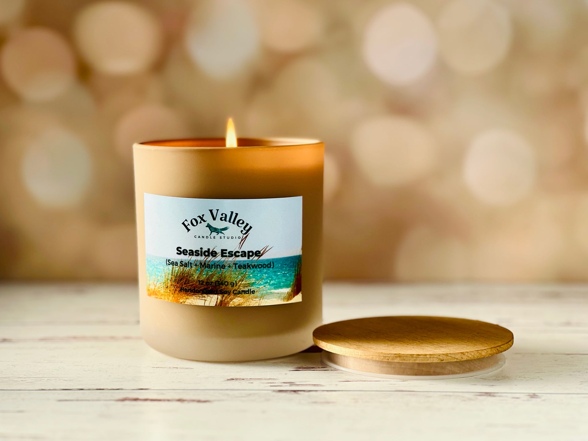Seaside Escape soy candle — sea salt, marine, and teakwood — premier size in a sand-colored glass jar — Fox Valley Candle Studio