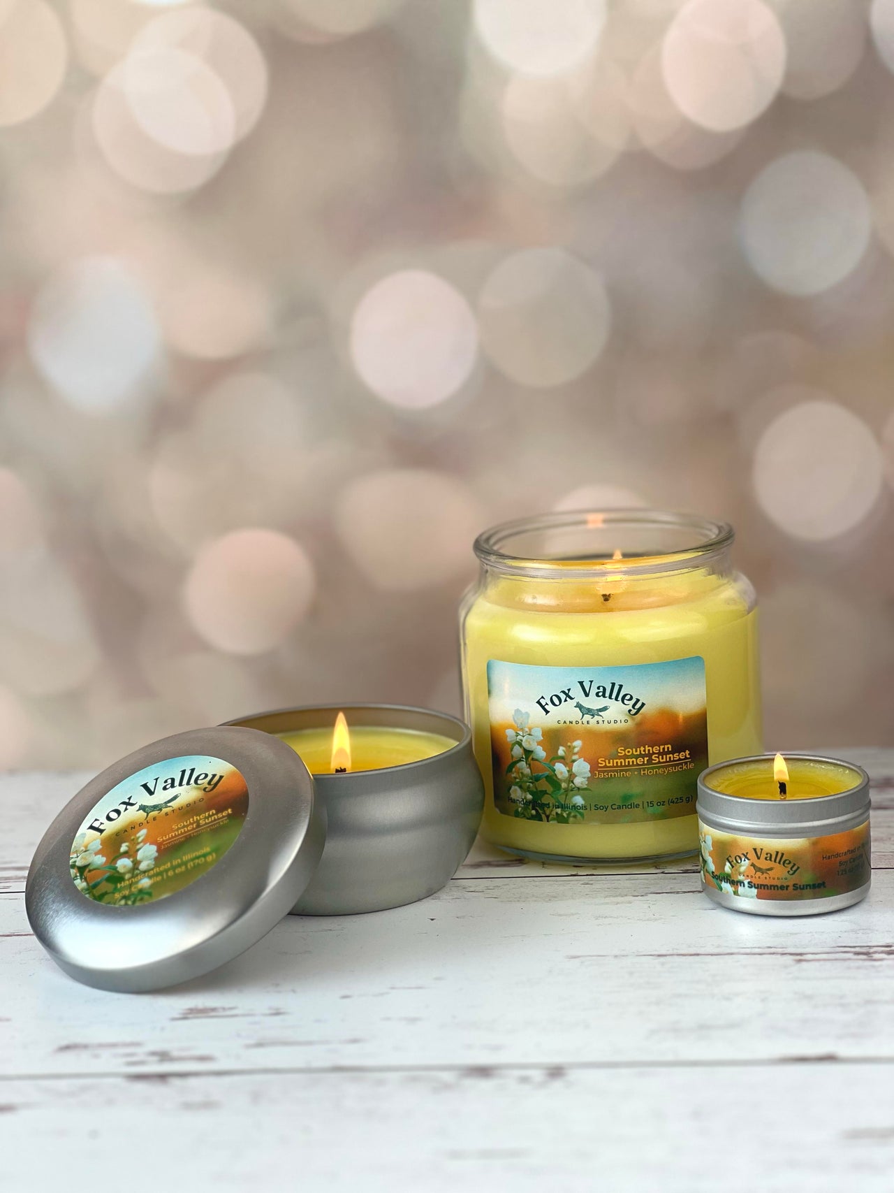 Southern Summer Sunset soy candle in premier, traveler, and mini sizes — Fox Valley Candle Studio