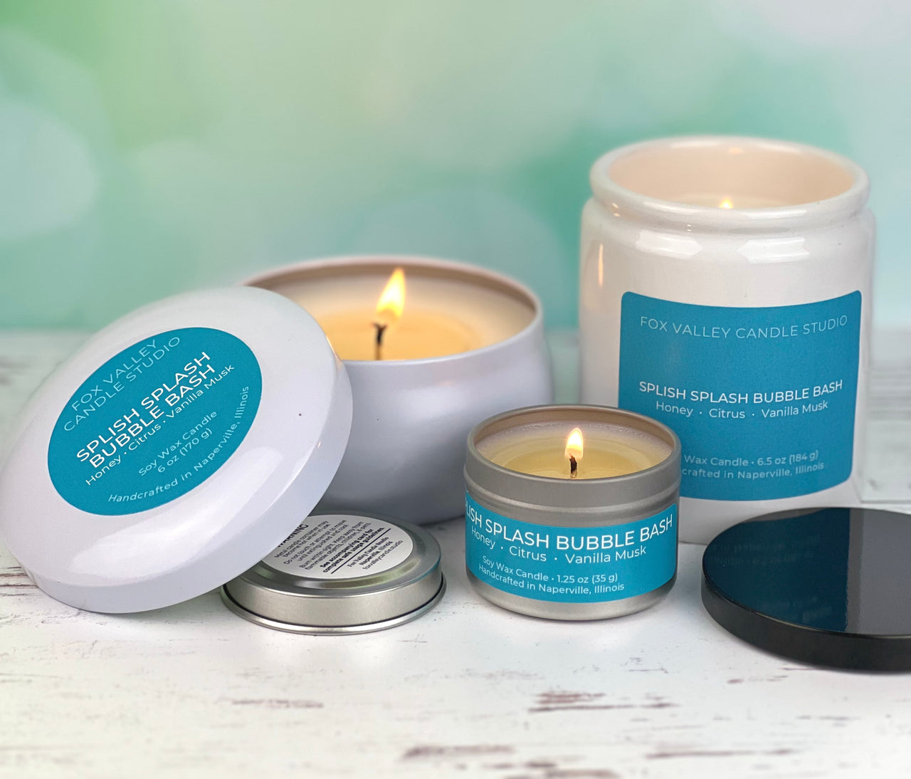 Splish Splash Bubble Bash soy candle in premier, traveler, and mini sizes — Fox Valley Candle Studio